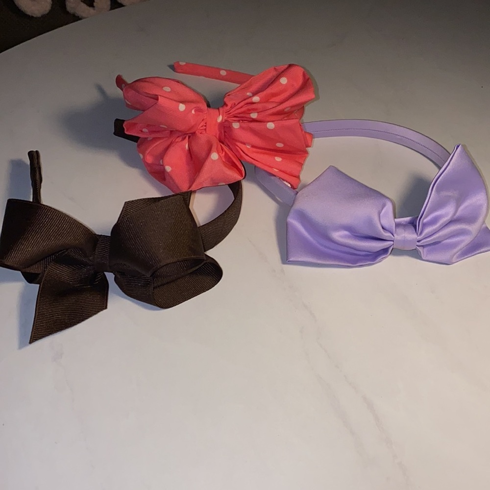 Set of 3 bow headbands lavender purple dark brown coral pink polka dot​ - Picture 8 of 13